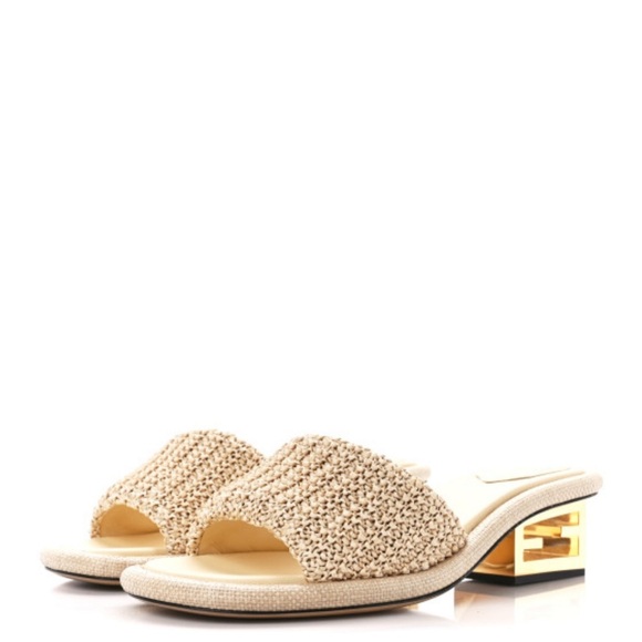 NWOT Fendi Raffia Intreccio Baguette 60mm Slide Sandals size 38.5 - Picture 1 of 11